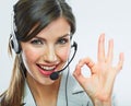 Customer support operator thumb show. call center smiling oper Royalty Free Stock Photo