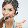 Customer support operator thumb show. call center smiling oper Royalty Free Stock Photo