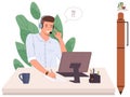 Customer support representative assisting clients at desk with computer and headset Royalty Free Stock Photo