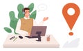Customer support representative with headset gesturing while working at desk with computer and location pin Royalty Free Stock Photo