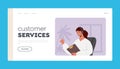 Customer Support Service Landing Page Template. Technical Operator Girl in Headset Hotline Consultant in Call Center