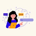 Customer support services. Illustration of a woman with a laptop in search. Support concepts and search, help and Royalty Free Stock Photo