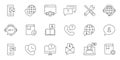 Customer Support Tools Line Icon Set. Global Communication, FAQ, Online Assistance Outline Symbol Collection. Editable