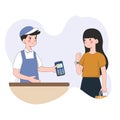 Customer use mobile cashless payment system or scan qr code. Characters using virtual credit card on smartwatch. Hand