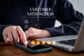 Customer rate their satisfaction ranking for experience review survey with smart phone and laptop