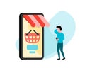 Customer using smartphone for mobile shopping vector illustration