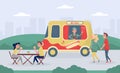 Customers buying hot dogs in food truck. People spending time outdoors and eating fast food cartoon vector