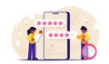 Customers feedback and comments. Five stars user score for mobile app. Woman voices the result of the study. Man with a