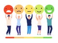 Customers feedback concept. People and measuring review opinions approval recommendation status. Emoticons from bad to