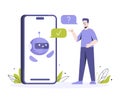 Customers having dialog with chatbot on smartphone. A cute robot on the screen answers questions. Chatbot concept
