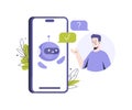 Customers having dialog with chatbot on smartphone. A cute robot on the screen answers questions. Chatbot concept