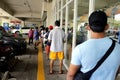 Customers line up with distance outside a store for social distancing on the Covid-19 virus outbreak