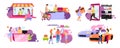 Customers and sellers flat vector illustrations set Royalty Free Stock Photo