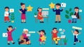 Customers with stars. Good review, rating star for app or service. Clients feedback, people satisfaction. Cartoon