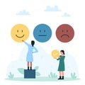 Customers survey with emoji of experience, tiny people choose happy face emoticon