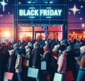 Customers waiting outside a store during Black Friday with festive decorations, ai generated