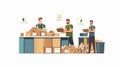 Customers and workers with crates at a recycling center.