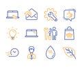 Customisation, Light bulb and Online buying icons set. Like, Portable computer and Repairman signs. Vector