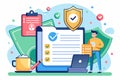 A customizable cartoon showing a privacy policy checklist beside digital tools and a coffee mug, Customizable cartoon illustration Royalty Free Stock Photo