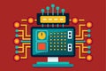 A customizable flat illustration showing a computer screen with binary code and vibrant circuitry, emphasizing technology and Royalty Free Stock Photo