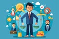 A customizable illustration showcases business ethics themes with characters, balanced scales, and various symbols of integrity