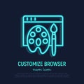 Customize browser neon thin line icon: web page with paint palette and brush. Modern vector illustration