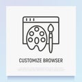 Customize browser thin line icon: web page with paint palette and brush. Modern vector illustration