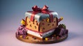 customized gift shaped birthday cake decorated with colorful sprinkles copy space