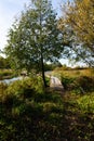 Customized, Homemade pedestrian bridge across the river. Autumn landscape Royalty Free Stock Photo