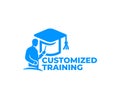 Customized training, teacher at the blackboard and doktorhut or bachelor cap, logo design. Education, teach and learn, vector desi