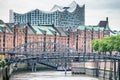 Customs channel in the old warehouse district Speicherstadt in Hamburg, Germany with Elbphilharmonie concert hall in Royalty Free Stock Photo