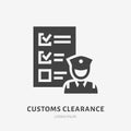 Customs clearance flat glyph icon. Policeman inspecting luggage sign. Solid silhouette logo for cargo trucking, freight