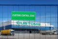 Customs control area with lorries near warehouse logistics center. Royalty Free Stock Photo