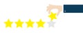 Custumer review satisfaction review. Five star rating selection system. Human hand finger put estimate. 5 Golden stars.