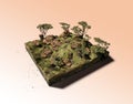 Cut of Africa forest in 3d cubical grass land with trees, 3D rendering ecology isolated on orange background. Micro world