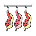 cut animal carcasses hang in warehouse color icon vector illustration