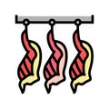 cut animal carcasses hang in warehouse color icon vector illustration