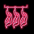 cut animal carcasses hang in warehouse neon glow icon illustration