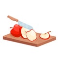 Cut apple into pieces, isometric cutting wooden board with fresh apple slices in kitchen