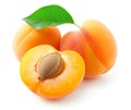 Cut apricot fruits with leaf and exposed seed, on white background