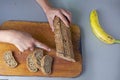 cut banana bread on a cutting board Royalty Free Stock Photo