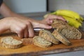 cut banana bread on a cutting board Royalty Free Stock Photo