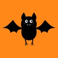 Cut bat. Happy Halloween. Flying animal. Cartoon kawaii funny baby charater. Greeting card. Flat design. Orange background. Royalty Free Stock Photo