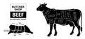 Cut of beef set. Poster Butcher diagram - Cow. Vintage typographic hand-drawn. Royalty Free Stock Photo