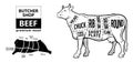 Cut of beef set. Poster Butcher diagram - Cow. Vintage typographic hand-drawn. Royalty Free Stock Photo