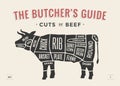 Cut of beef set. Poster Butcher diagram and scheme - Cow. Vintage typographic hand-drawn. Vector illustration. Royalty Free Stock Photo