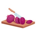 Cut beet slices, isometric cooking process with kitchen knife and ripe red beet vegetable