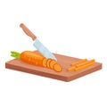 Cut carrot to cook healthy food, isometric kitchen knife cutting raw carrot slices