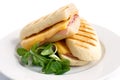 Cut cheese and ham toasted panini melt. On white plate with garnish.
