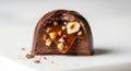 Cut Chocolate Confection with Caramel Filling and Hazelnuts on White Background (AI-Generated) Royalty Free Stock Photo